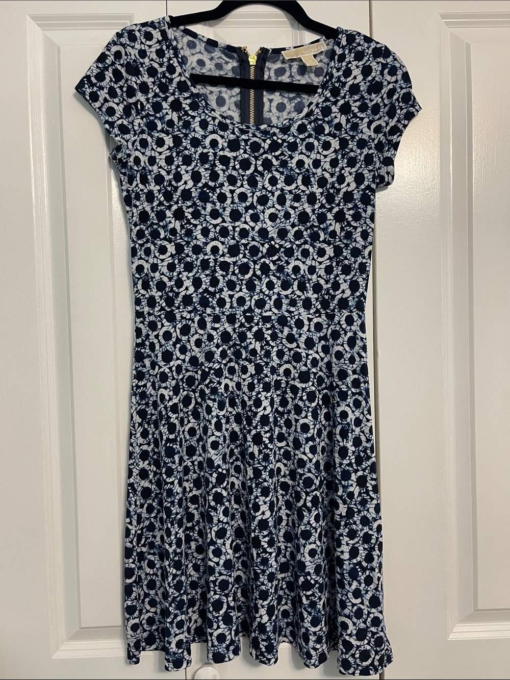 Michael Kors Navy & White Printed Cap-Sleeve Fit-and-Flare Dress